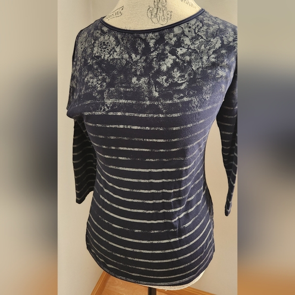 ESPRIT navy and grey 3/4 sleeve boat neck top in size S - Picture 1 of 9